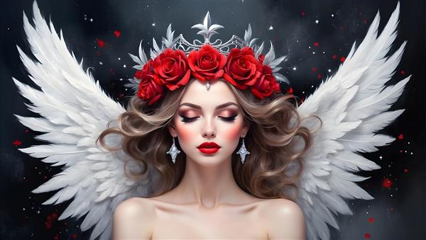 نقاشی پرتره ای از فرشته ای با بال های گل رز، هدیه ای نفیس