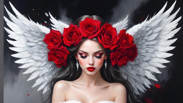 نقاشی پرتره ای از فرشته ای با بال های گل رز قرمز و آرایش ظریف