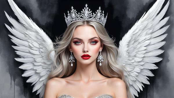 نقاشی پرتره فرشته بال های بلند و تاج نقره ای با چهره ای زیبا و آرایش ملایم