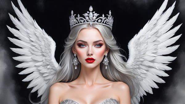 تجسم زیبایی و ظرافت در نقاشی پرتره فرشته ای با بال های بلند و تاج نقره ای