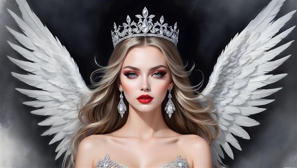 نقاشی پرتره ای از فرشته ای با بال های ظریف، تاج نقره ای و جواهرات لعل و زمرد
