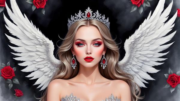 نقاشی پرتره فرشته بال های بلند با چهره زیبا و آرایش جذاب