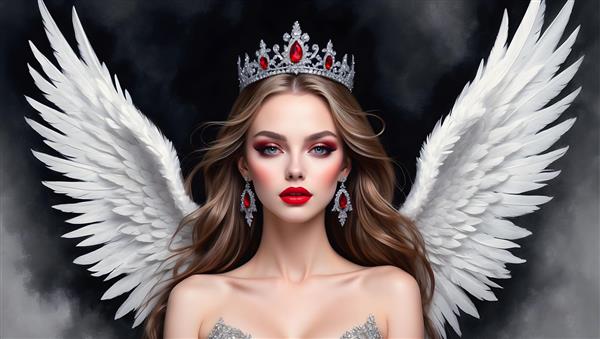نقاشی پرتره ای از فرشته ای با بال های زیبا و تاج، با جزئیات دقیق در چهره و موها