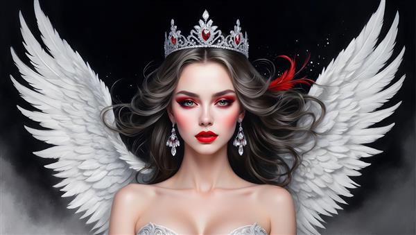 پرتره هنری از فرشته ای جذاب با بال های سفید و تاج، ژست پر رمز و راز در پس زمینه تیره