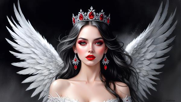 نقاشی پرتره فرشته با بال های سفید و تاج، چهره ای زیبا و موهای بلند آراسته