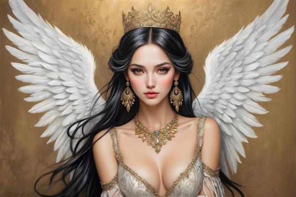نقاشی پرتره ی فرشته ای با ژست زیبا و گوشواره های نگین دار و موهای بلند و مشکی