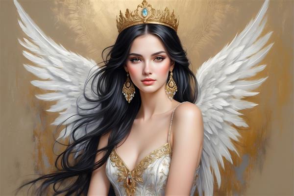 نقاشی پرتره ی فرشته با پس زمینه ی طلایی و زیورآلات درخشان و موهای بلند و مشکی