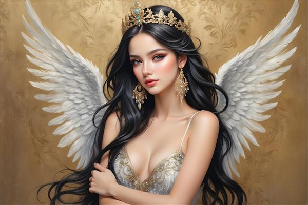 چهره ی نقاشی شده ی فرشته با بال های طلایی و تاج نفیس و موهای بلند و مشکی