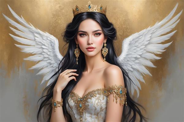 نقاشی پرتره فرشته با ژست جذاب و گوشواره های نقره ای و موهای بلند و مشکی