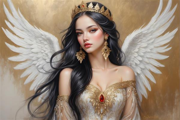 نقاشی پرتره فرشته بال های زیبا و تاج طلایی با موهای بلند مشکی