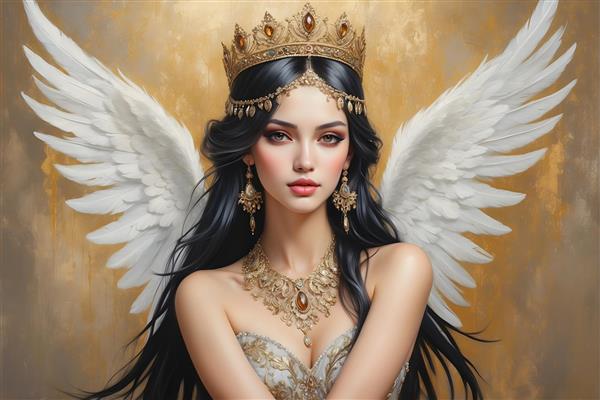 پرتره فرشته ای با بال های ظریف و تاج گل، چهره ای معصوم و جواهرات ظریف