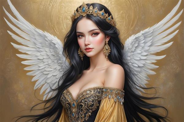 نقاشی پرتره فرشته ای با بال های رنگین کمانی، تاج الماس نشان و جواهرات سلطنتی