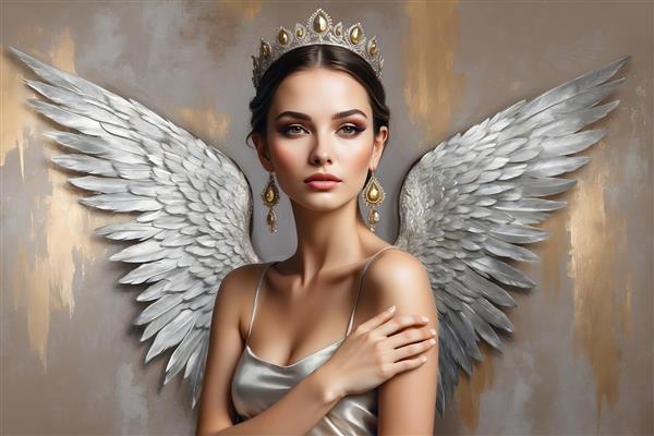نقاشی پرتره فرشته ای با بال های آسمانی، تاج نورانی و گوشواره های الماس