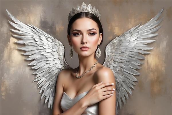 پرتره هنری فرشته با بال های پر و تاج نقره ای، ژست ظریف و جواهرات ظریف