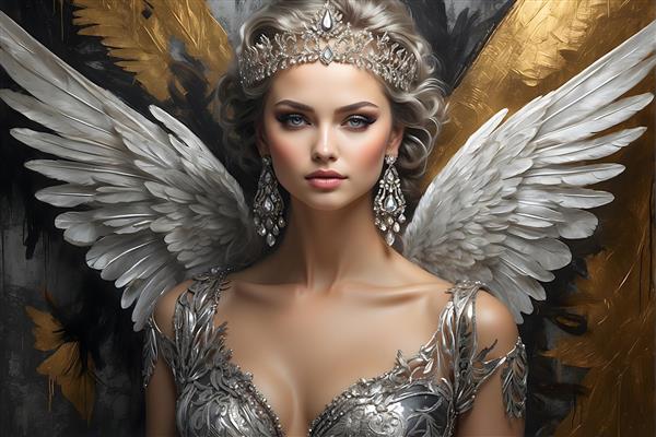 نقاشی پرتره فرشته ای با بال های آتشین، تاجی از فلز و چهره ای مصمم