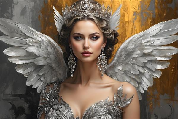 پرتره ای از ظرافت: فرشته ای با بال های ظریف، تاجی از مروارید و گوشواره های کریستالی
