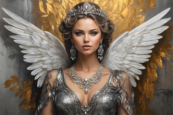 نقاشی پرتره فرشته ای با بال های ابر و بادی، تاج الماس نشان و جواهرات درخشان
