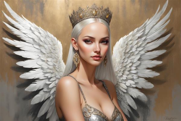 تصویر هنری پرتره فرشته ای با بال های آتشین، تاج سلطنتی و ژست الهی