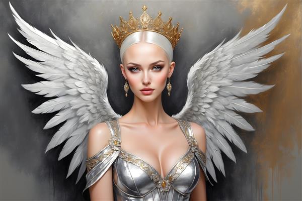 تصویر هنری پرتره فرشته ای با بال های نورانی، تاج باشکوه و گوشواره های طلا