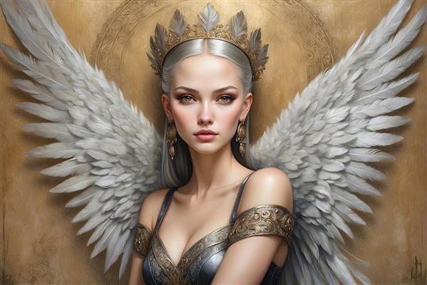 نقاشی پرتره فرشته بال های ظریف و تاج نفیس، چهره ای ناز و جواهرات درخشان