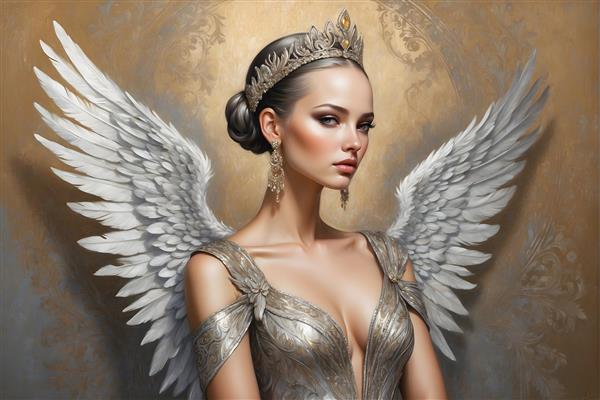 نقاشی پرتره فرشته بال های طلایی و تاج، چهره ای ناز و دلنشین با گوشواره های مروارید