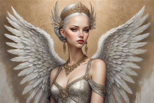 نقاشی پرتره فرشته بال های پر و تاج طلایی، چهره ای زیبا و جذاب