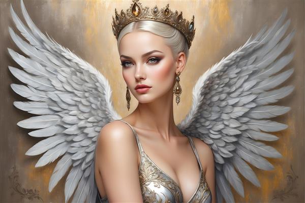 پرتره جذاب فرشته ای با بال های لطیف، تاج نگین دار و گوشواره های مروارید