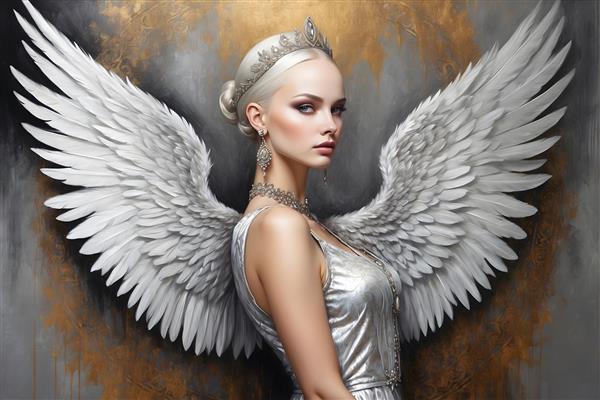 نقاشی پرتره فرشته ای با بال های شبیه ابر، تاجی از نور و چهره ای آرام