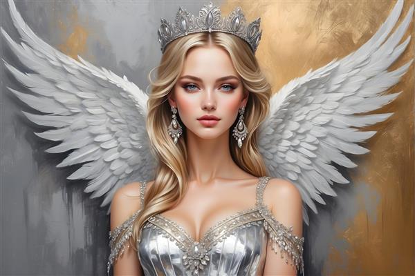 نقاشی پرتره فرشته بال های زیبا و تاج جواهر نشان در پس زمینه طلایی