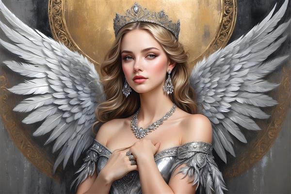 پرتره هنری فرشته با بال های پر و تاج طلایی، ژست جذاب و زیورآلات نقره ای
