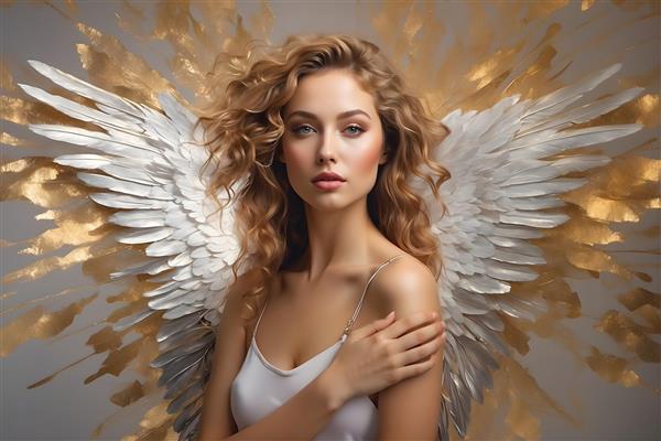 نقاشی پرتره فرشته با بال های نقره ای و موهای فر بلند در زمینه طلایی