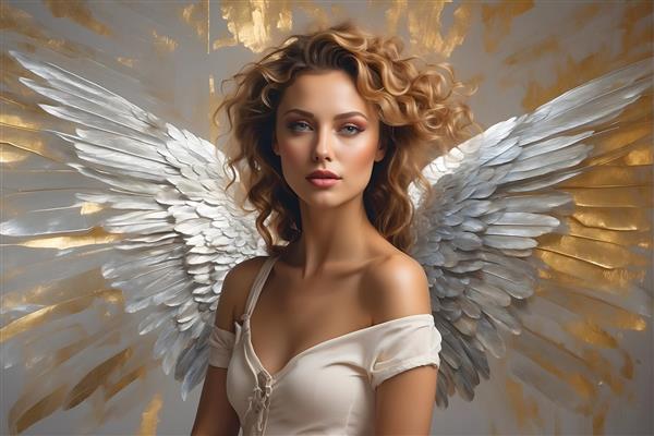 چهره جذاب فرشته با بال های پر و موهای فر بلند نقاشی شده با ورق طلا