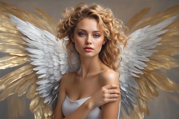 نقاشی پرتره فرشته با بال های زیبا و موهای فر بلند در پس زمینه طلایی
