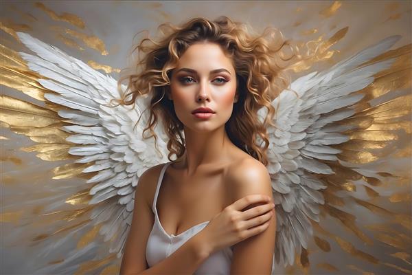 پرتره هنری فرشته با بال های طلایی و موهای فر بلند در ژست ظریف