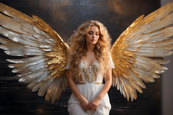 خلق هنری از فرشته با بال های درخشان و موهای فر طلایی و لباس بلند