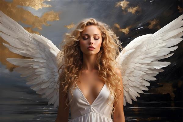 چهره ی لطیف فرشته با بال های ظریف و موهای فر طلایی در زمینه گرانج طلایی