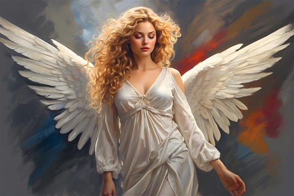 نقاشی پرتره فرشته با بال های ظریف و موهای فر طلایی و لباس بلند سفید