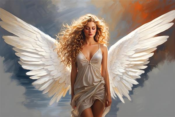11. فرشته بال های درخشان خود را گشوده و موهای فر طلایی اش در باد رها شده است