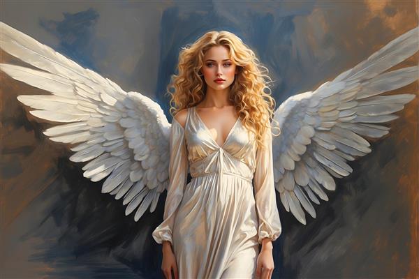 نقاشی پرتره ای از فرشته ای با بال های زیبا، موهای فر طلایی و لباس بلند درخشان