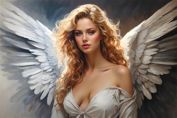 نقاشی پرتره ای از فرشته ای با بال های ظریف، موهای فر طلایی و چهره ای معصوم