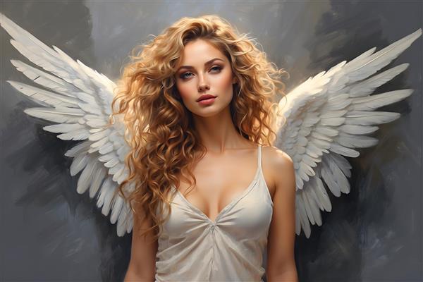 پرتره فرشته معصوم با بال های زیبا و موهای فر طلایی