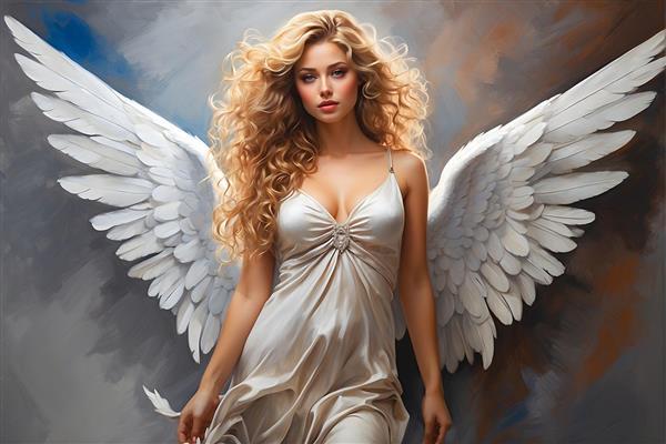 نقاشی پرتره فرشته با بال های ظریف و موهای فر طلایی در زمینه نقره ای