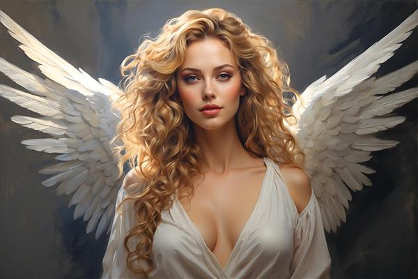 چهره معصوم فرشته با بال های زیبا و موهای فر طلایی در نقاشی هنری