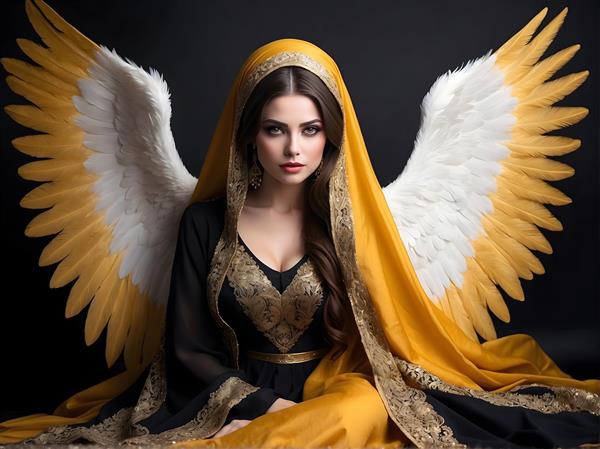 نقاشی پرتره ی فرشته ای با موهای بلند طلایی و لباس بلند و شیک