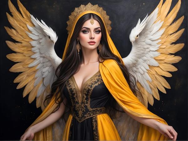اثر هنری پرتره فرشته با موهای بلند طلایی و لباس فاخر