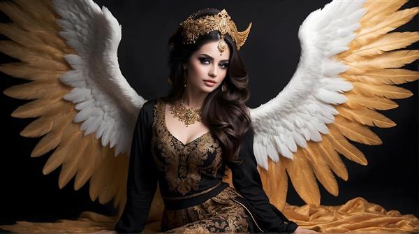 پرتره ی فرشته ی بالدار با سربند و لباس فاخر در زمینه ی طلایی