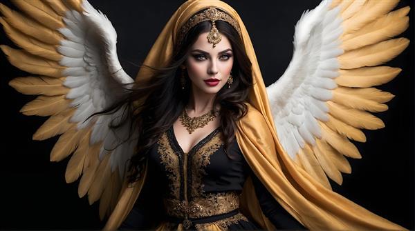 پرتره ی هنری فرشته ای با جواهرات و لباس بلند و موهای بلند طلایی