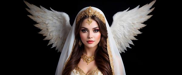 نقاشی پرتره ی فرشته ای با ژست پر ابهت و لباس فاخر و جواهرات