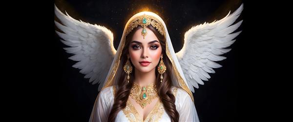 نقاشی پرتره ی فرشته ای با موهای بلند طلایی و لباس بلند و جواهرات