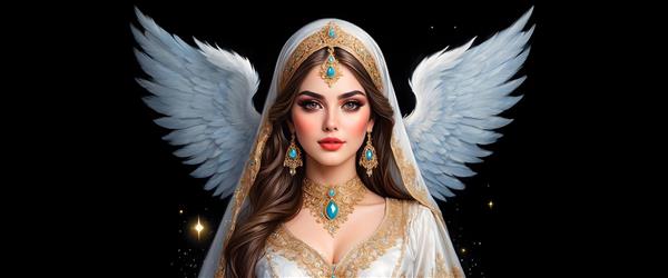 چهره ی جذاب فرشته با بال های پر و ژست ظریف در نقاشی پرتره